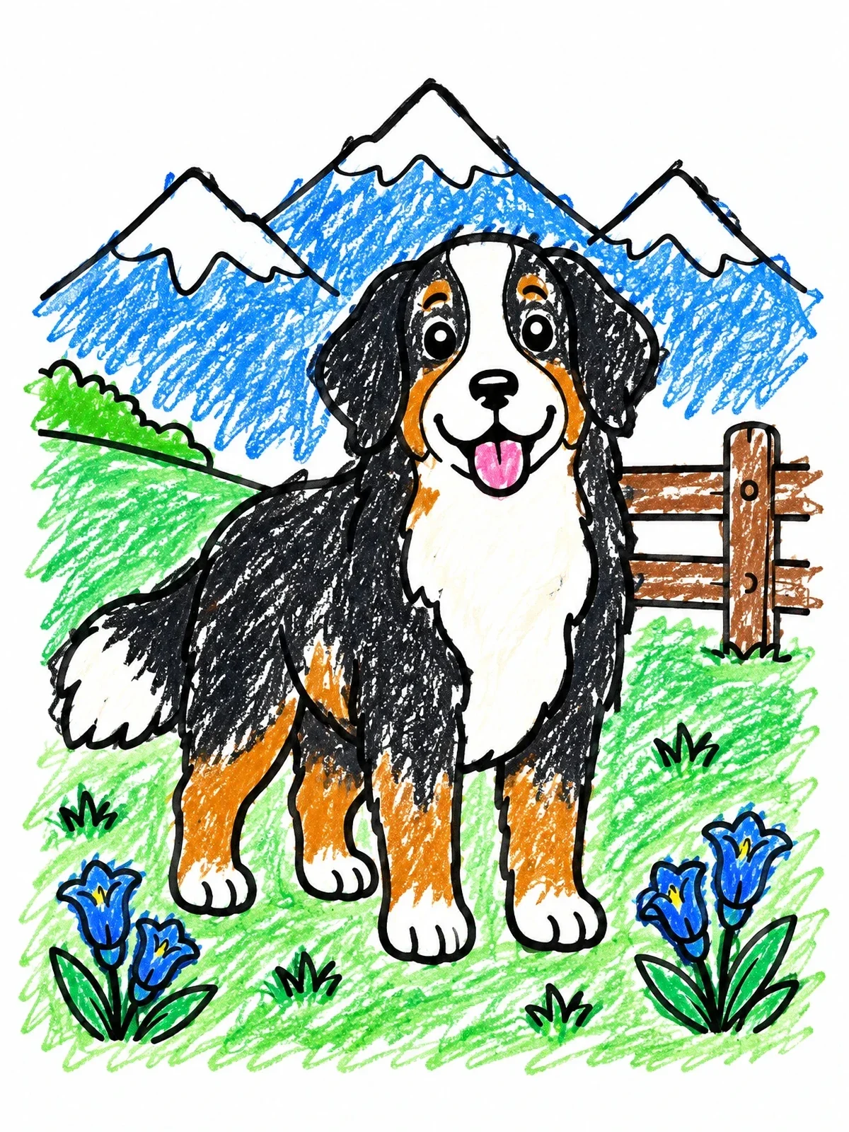 Colored example of the Happy Bernese Mountain Dog In Mountains coloring page