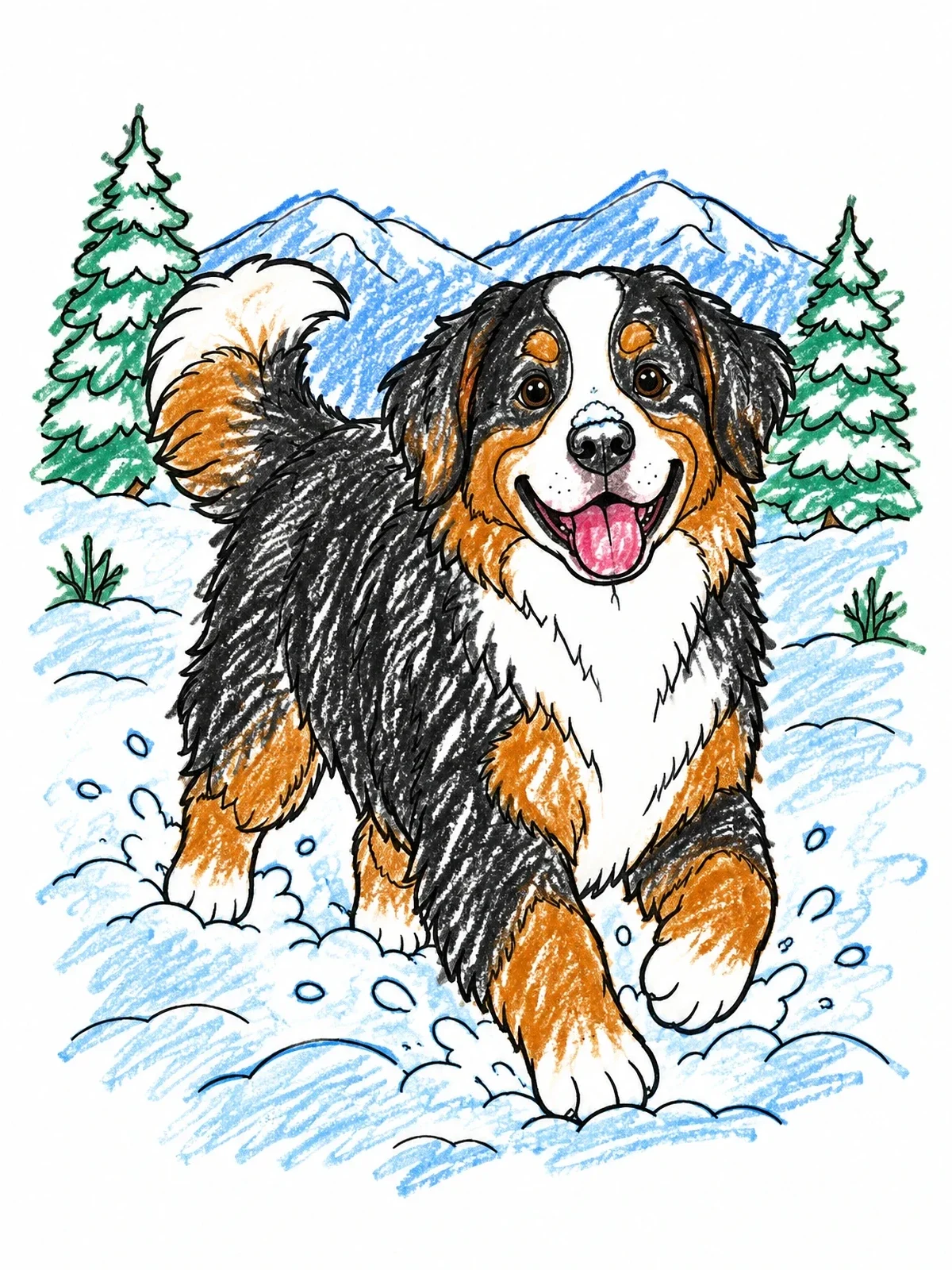 Colored example of the Happy Bernese Mountain Dog In Winter Snow coloring page