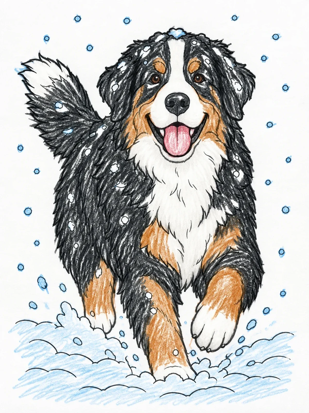 Colored example of the Playful Bernese Mountain Dog In Winter Snow coloring page