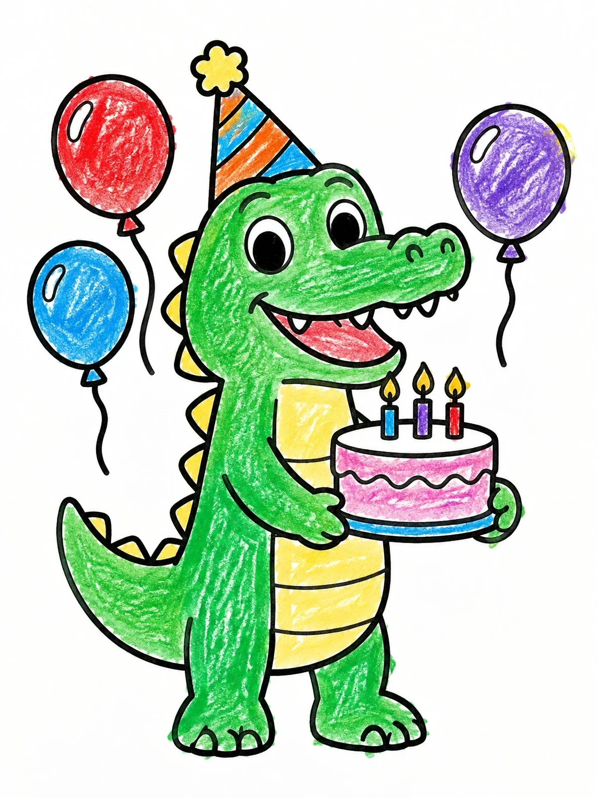 Colored example of the Happy Birthday Crocodile With Cake coloring page