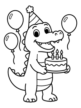 A cute crocodile coloring page with a party hat holding a birthday cake surrounded by balloons.
