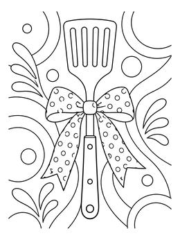 A decorative spatula tied with a polka dot ribbon on a happy birthday dad coloring page.