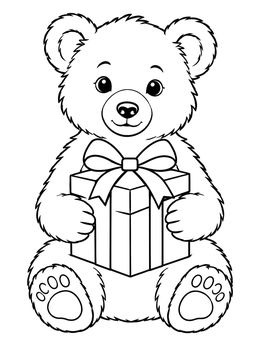 A cute bear cub holding a gift box in this happy birthday dad coloring page.