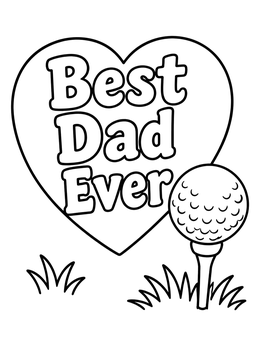 A golf ball on a tee next to a heart sign on this happy birthday dad coloring page.
