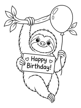 A cute sloth on a happy birthday dad coloring page holding a sign and a balloon.