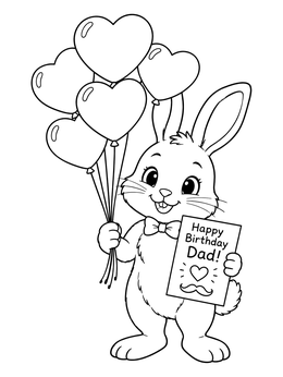 A cheerful bunny holds heart balloons in this happy birthday dad coloring page.