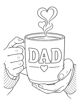 Hands holding a warm coffee mug in this happy birthday dad coloring page.