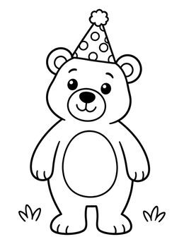 A happy birthday dad coloring page showing a friendly bear standing in a polka dot party hat.
