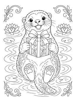 A joyful otter holds a gift in this happy birthday dad coloring page.