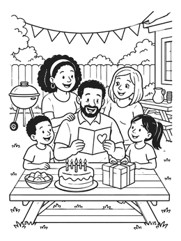 A family celebration in this happy birthday dad coloring page with cake and presents in the yard.