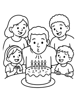 Free printable Family Celebrating Dad Birthday Cake coloring page