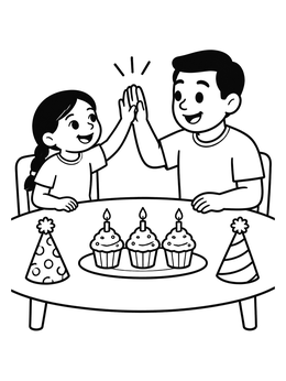 A cheerful happy birthday dad coloring page with a father and daughter high-fiving over cupcakes.