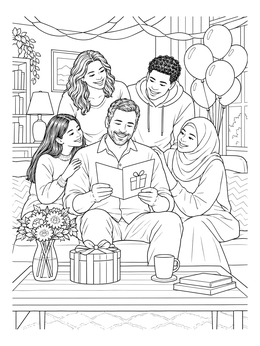 A father reads a greeting card surrounded by his family in this happy birthday dad coloring page.