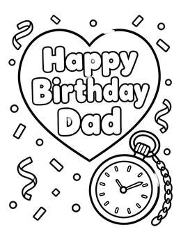 Free printable Happy Birthday Dad Heart And Pocket Watch coloring page