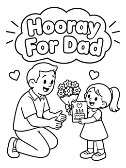 A cheerful girl giving gifts in this happy birthday dad coloring page.
