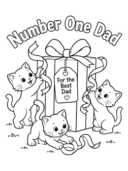 Three playful kittens surround a big gift box in this cute happy birthday dad coloring page.