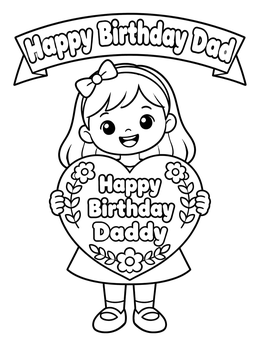 A smiling little girl holds a heart in this happy birthday dad coloring page.