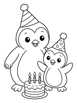 Penguin Dad and Baby Birthday Celebration coloring page