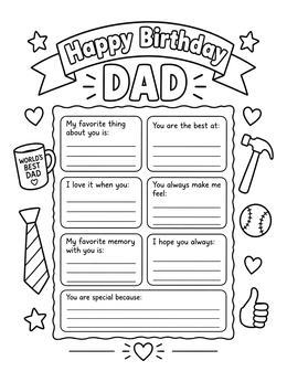 Fill-in prompts and celebratory icons on a happy birthday dad coloring page.