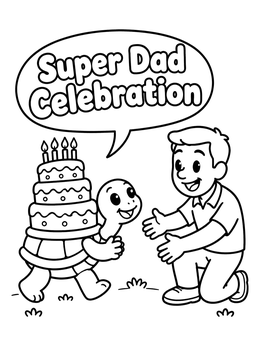 A happy birthday dad coloring page showing a cartoon turtle bringing cake to a smiling father.