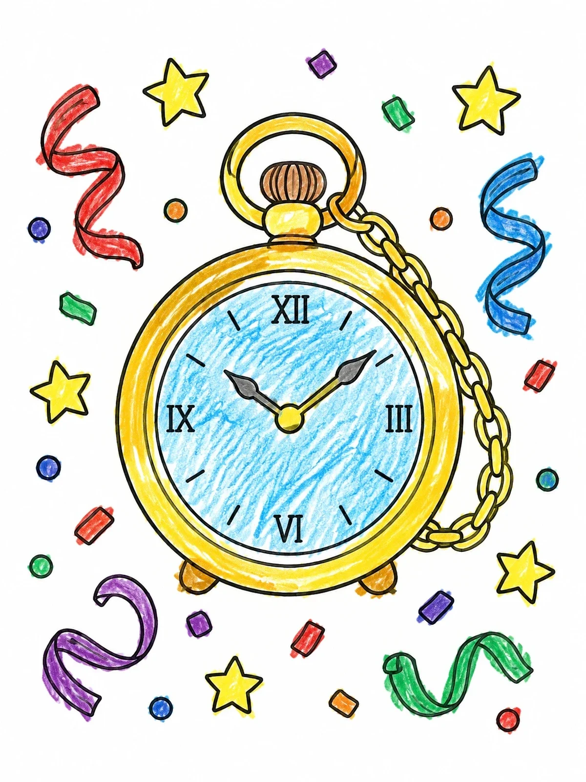 Colored example of the Vintage Pocket Watch With Festive Confetti coloring page