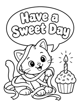 Free printable Kitten With Birthday Cupcake And Ribbons coloring page