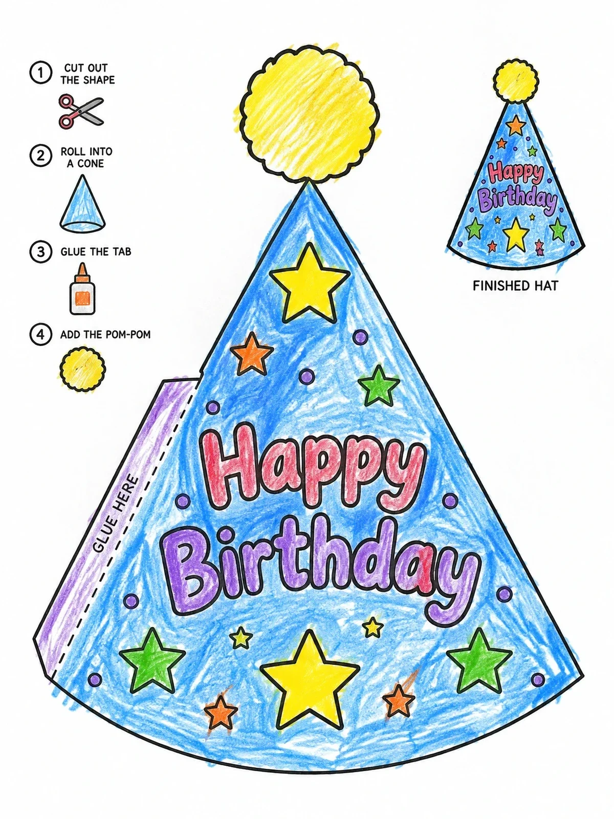 Colored example of the Happy Birthday Party Hat Template coloring page