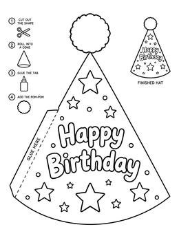 A party hat coloring page featuring a cut-out craft template with stars and Happy Birthday text.