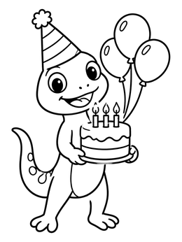 A cheerful lizard coloring page with a party hat, birthday cake, and balloons.