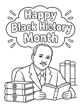 Free printable Happy Black History Month Scholar Reading coloring page