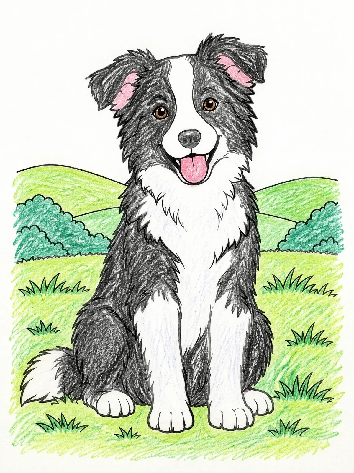 Colored example of the Happy Border Collie In The Meadow coloring page