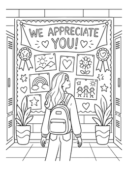 A student admires a decorated school board on this happy bosss day coloring page.