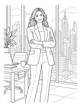 A happy bosss day coloring page showing a confident businesswoman in a modern corner office.