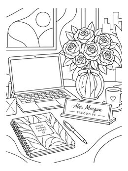 An executive office desk with roses in a happy bosss day coloring page.