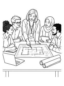 A female boss reviews blueprints with her team in this happy bosss day coloring page.