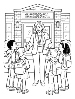 A friendly school principal greets her students in this happy bosss day coloring page outside the brick building.