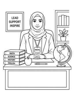 A friendly school principal sits at her desk in this happy bosss day coloring page.