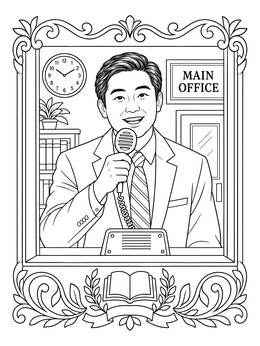 A friendly school principal speaks into an intercom in this happy bosss day coloring page.