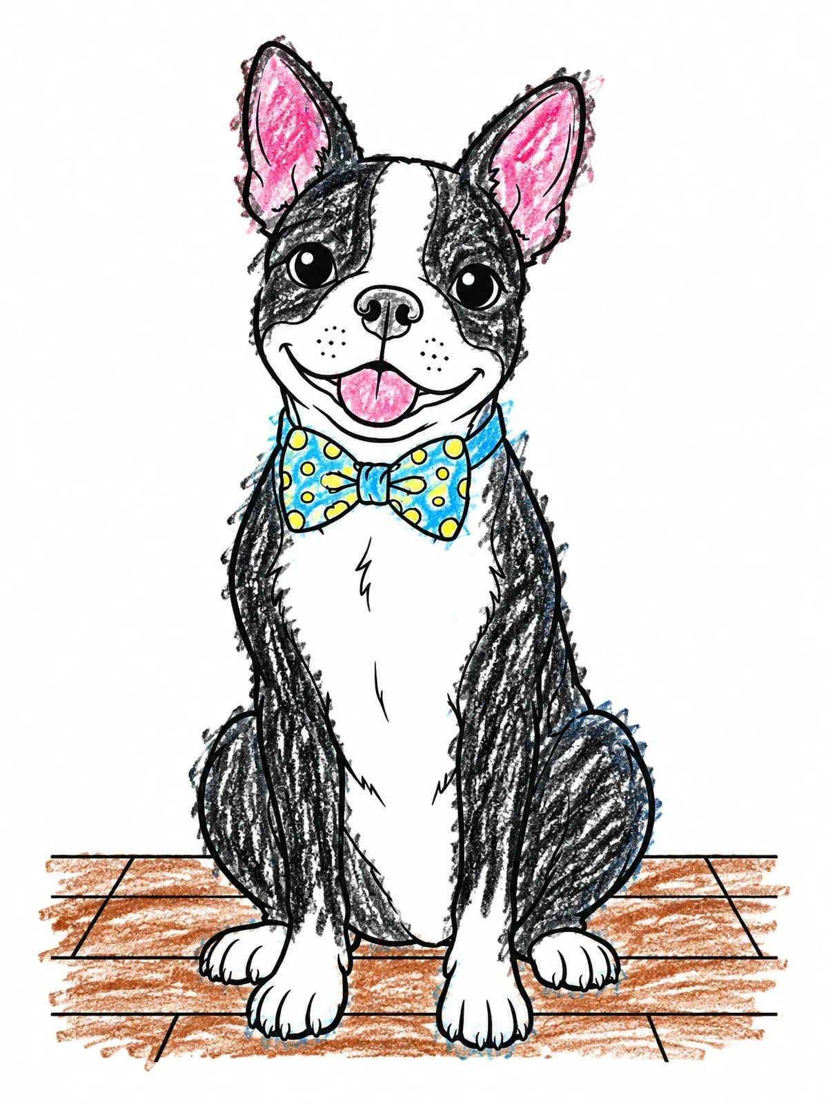 Colored example of the Happy Boston Terrier In Bow Tie coloring page