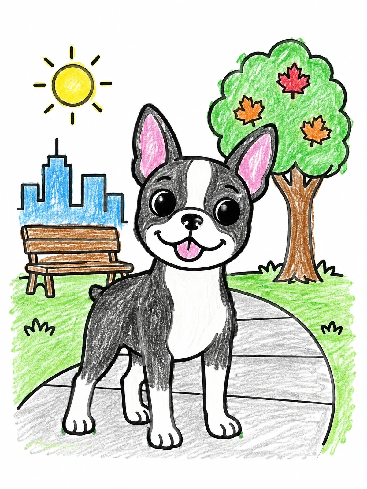 Colored example of the Happy Boston Terrier In The Park coloring page