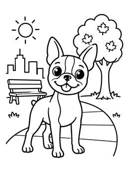 Free printable Happy Boston Terrier In The Park coloring page