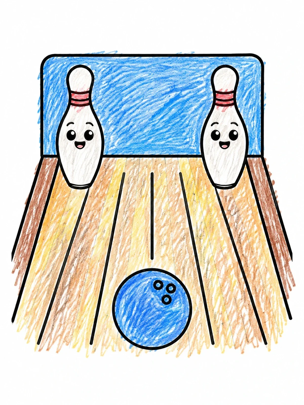 Colored example of the Happy Bowling Pins And Ball coloring page
