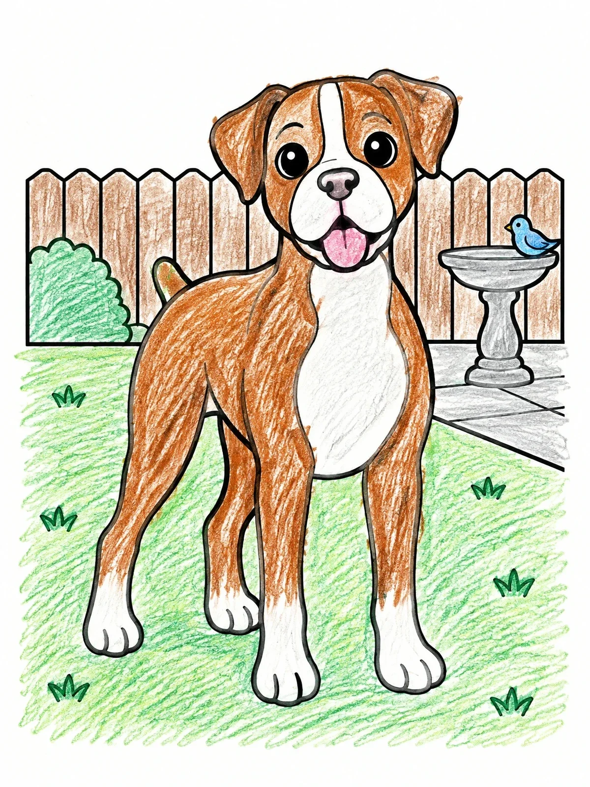 Colored example of the Happy Boxer Dog In Backyard coloring page