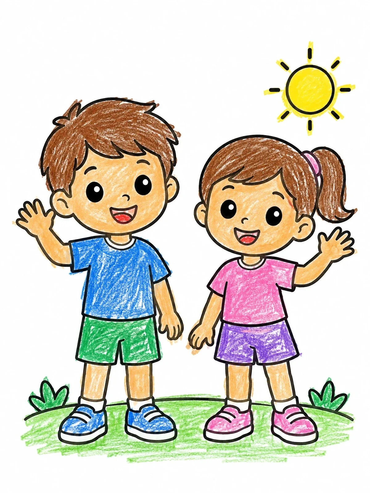 Colored example of the Happy Boy And Girl Waving Outdoors coloring page