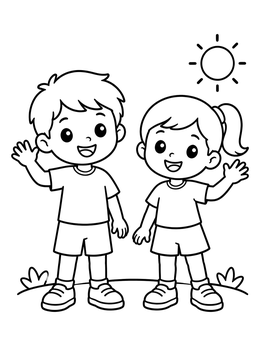 Free printable Happy Boy And Girl Waving Outdoors coloring page
