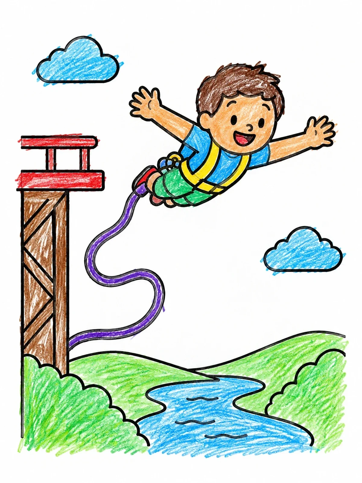 Colored example of the Happy Boy Bungee Jumping coloring page