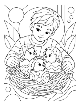 A happy coloring page of a smiling boy holding a straw nest filled with newly hatched chicks.
