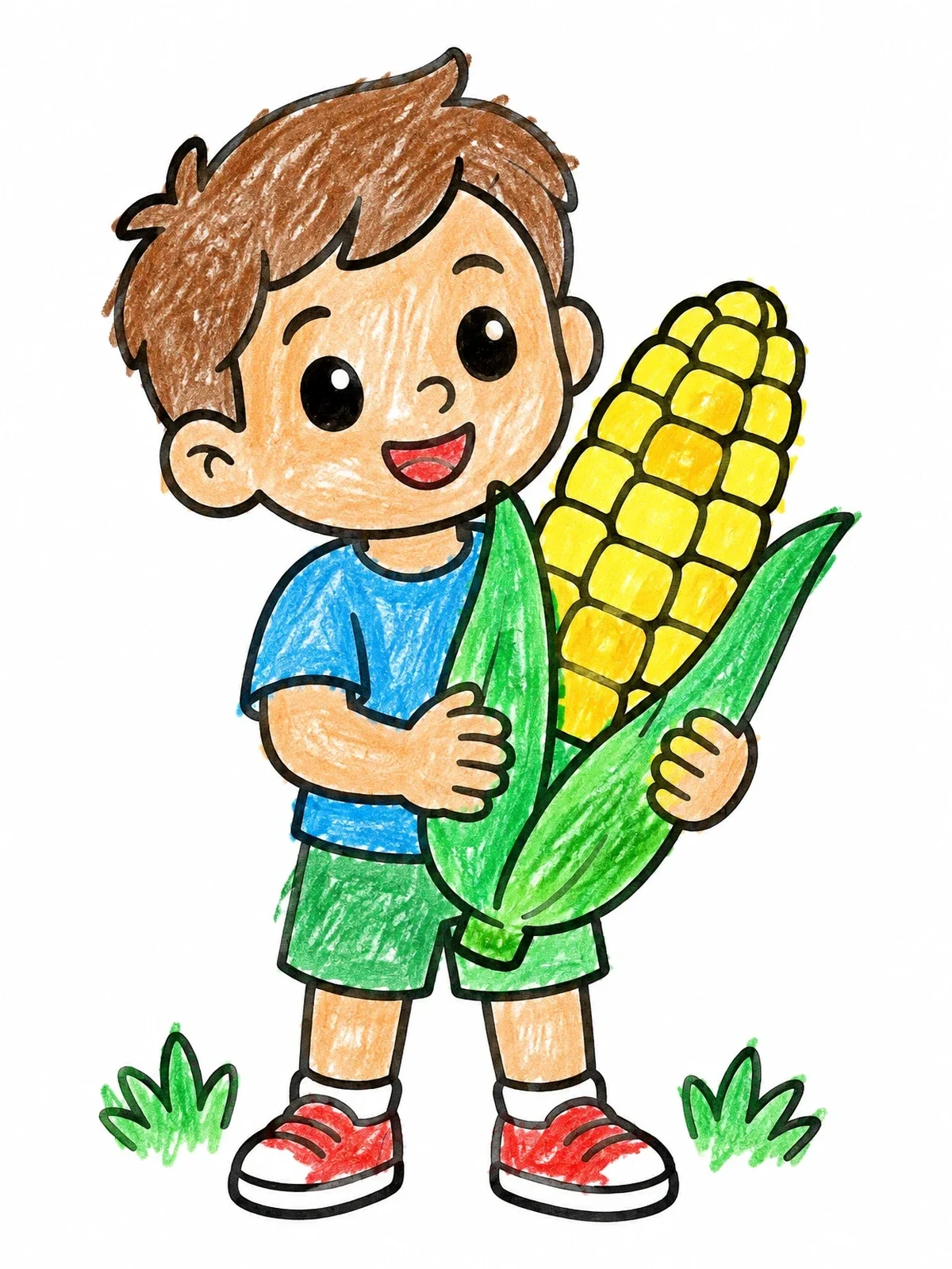 Colored example of the Happy Boy Holding Giant Corn Cob coloring page