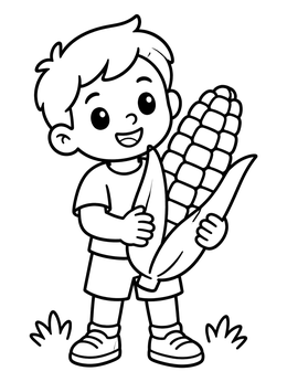 Free printable Happy Boy Holding Giant Corn Cob coloring page