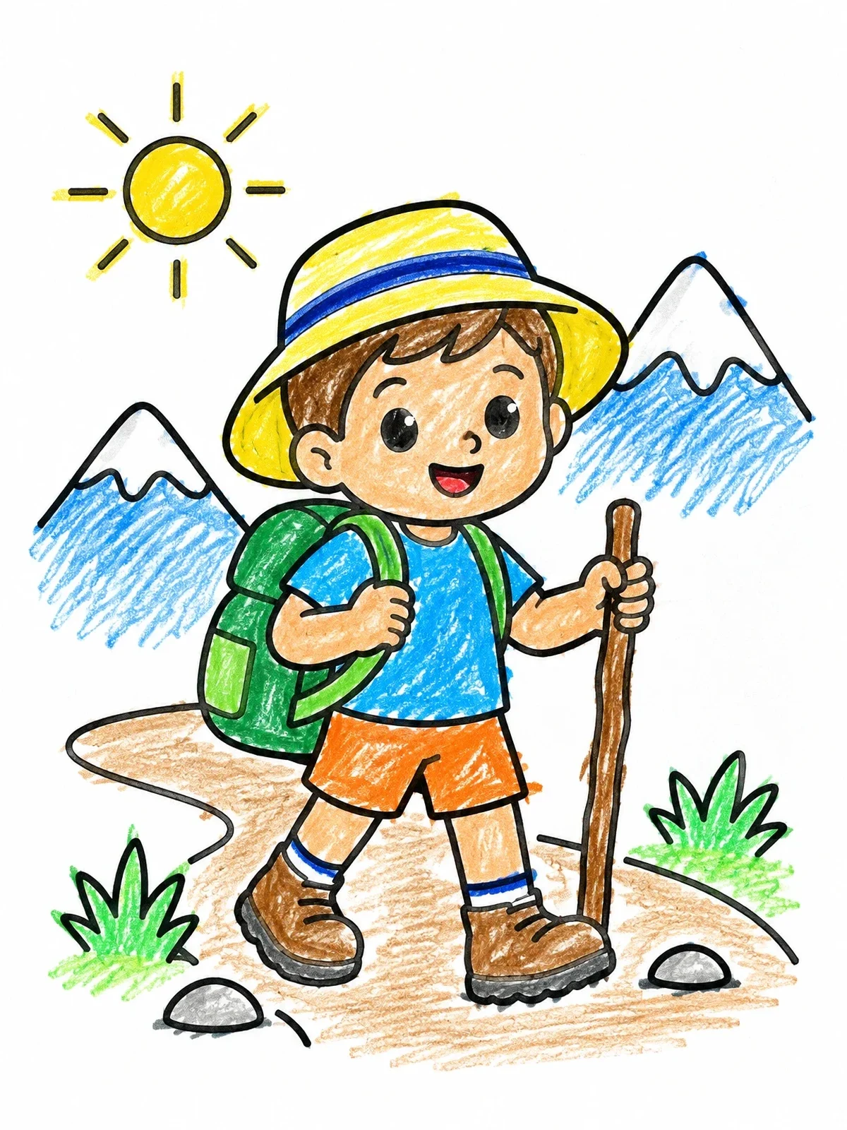 Colored example of the Happy Boy Hiking In The Mountains coloring page